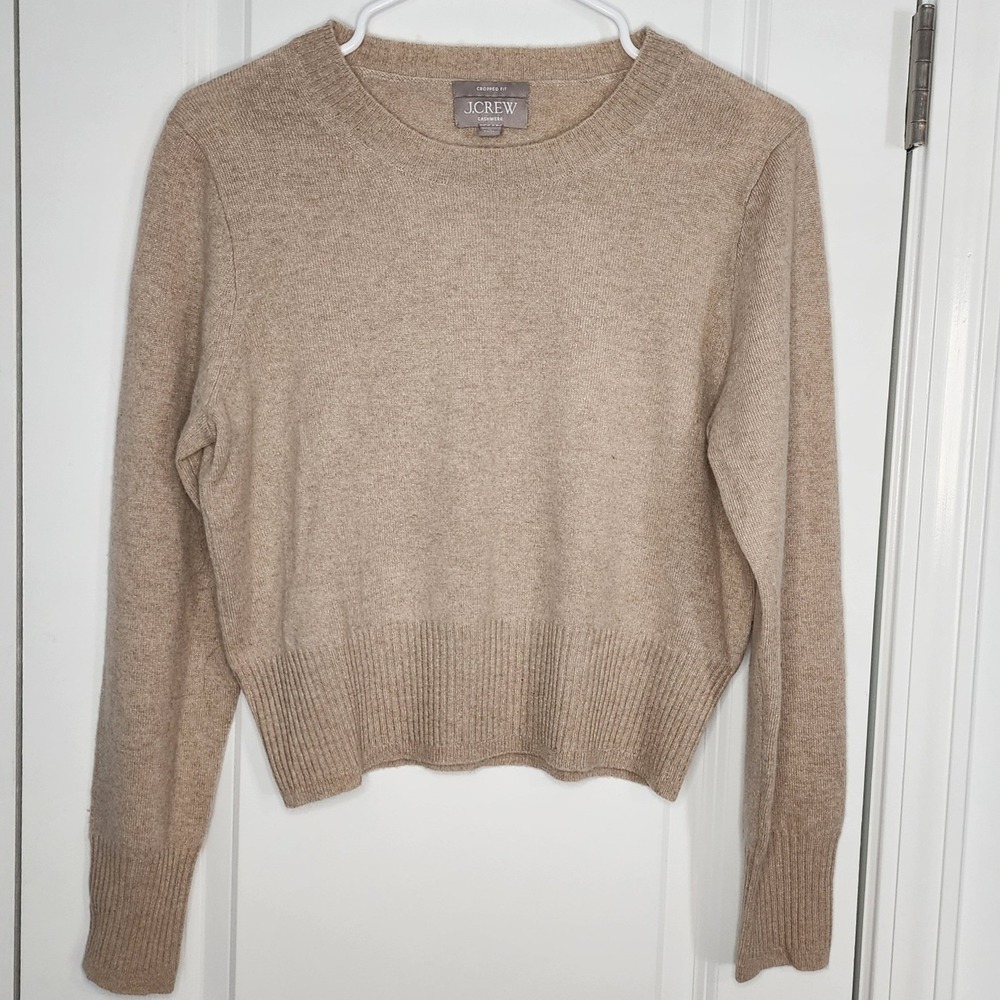 J.Crew Cashmere Cropped Fit Sweater Tan Beige Crew Neck Pullover Womens Medium